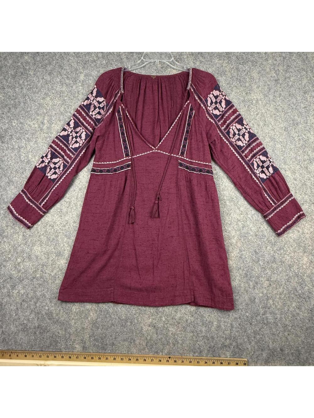 Free People Boho Dress Embroidered Long Sleeve Dress Burgundy Size Medium 648